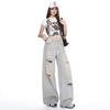 Summer new American street blue ripped washed jeans women's straight loose and thin wide-leg pants tide