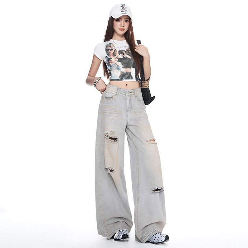 Summer new American street blue ripped washed jeans women's straight loose and thin wide-leg pants tide