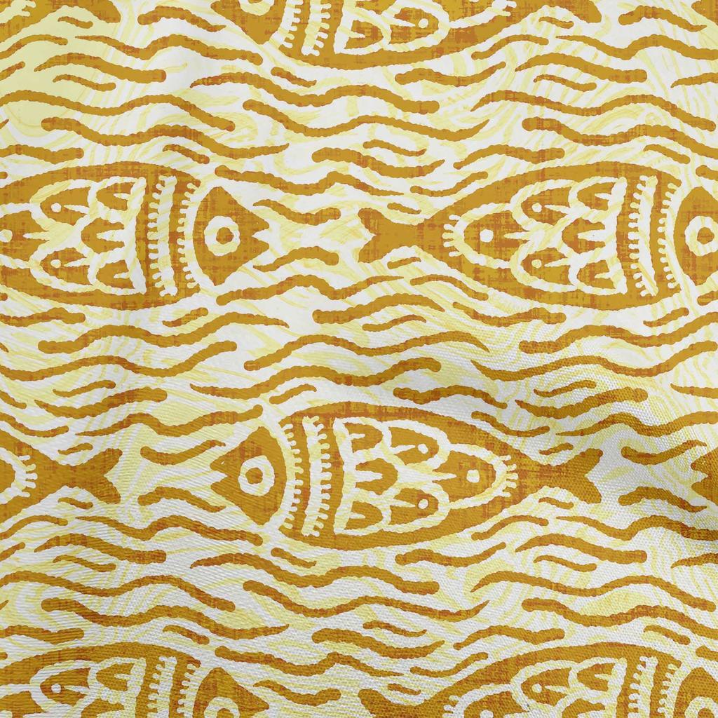 oneOone Cotton Flex Dark Mustard Fabric Asian Block Fish Craft Projects Decor Fabric Printed By The Yard 40 Inch