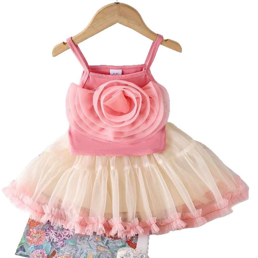 Модный комплект для девочек Летний детский милый розовый топ-халтер с цветком + сетчатая пышная юбка