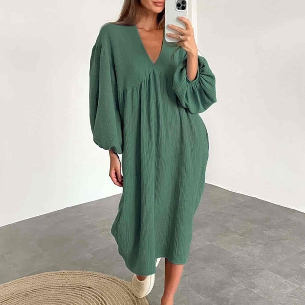 Ladies Casual Living Solid Pocket V Neck Pleated Dress Puff Sleeve Long Sleeve Cotton Dressy Fit Dress