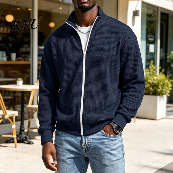 Men's Suede Bomber Jacket Waffle Knit Zip Up Jacket, Long Sleeve Laydown Collar Breathable Spandex Blend Blazer Casual Cardigan Sweatshirt,