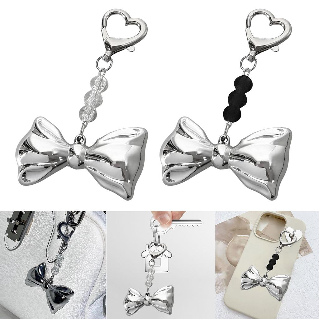 Sweet Lovely Silvery Bowknot Bead Keychains Pendant Hangings Ornament Keyring Backpack Decoration for Women Girls