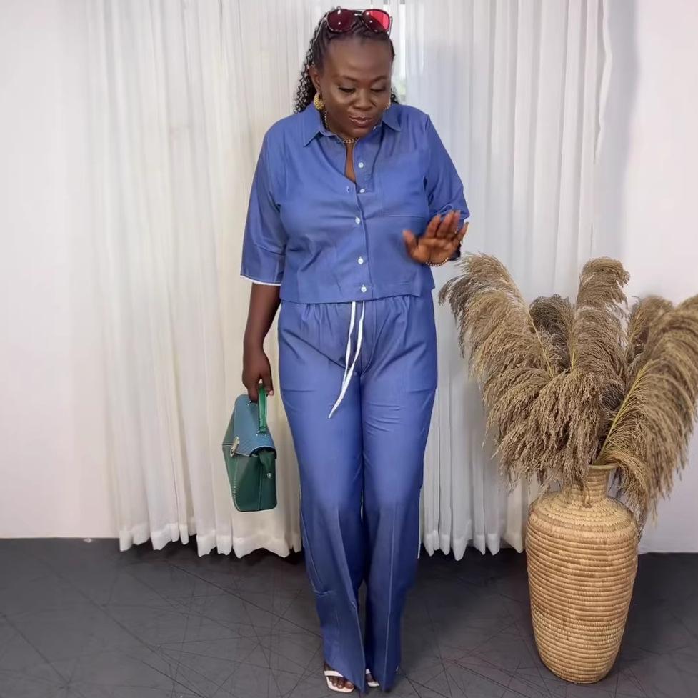 African elegant women's clothing set, mid-sleeve lapel collar, solid color button shirt, fashionable wide-leg pants, European and American two
