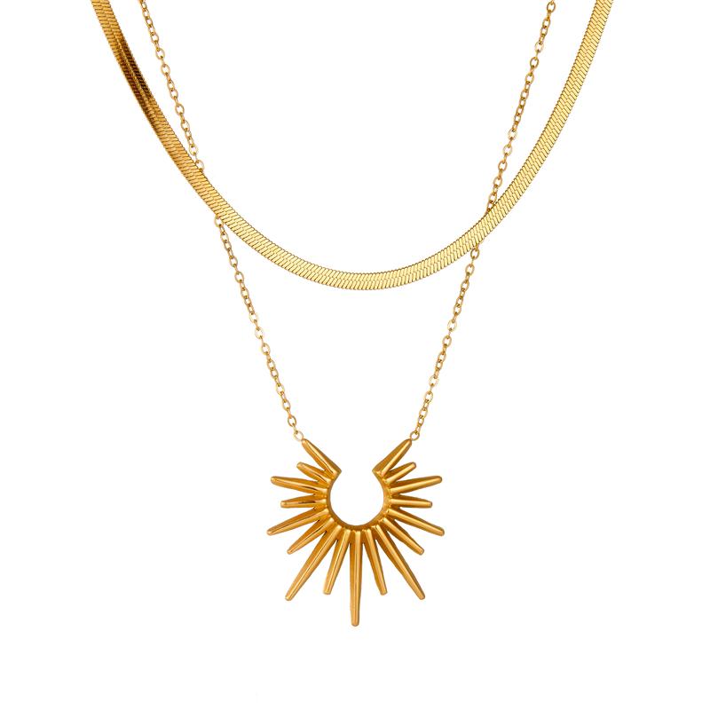 DIEYURO 316L Stainless Steel Golden Geometric Sun Flower Bilayer Necklace Earrings Ring Women New Trend Non-fading Jewelry Set