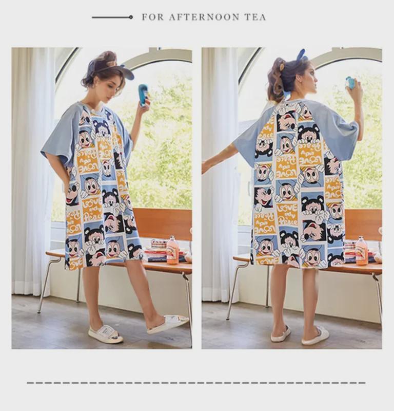 Милая хлопковая летняя ночная рубашка с рисунком для женщин – свободный крой, короткий рукав, корейский стиль, юбка средней длины