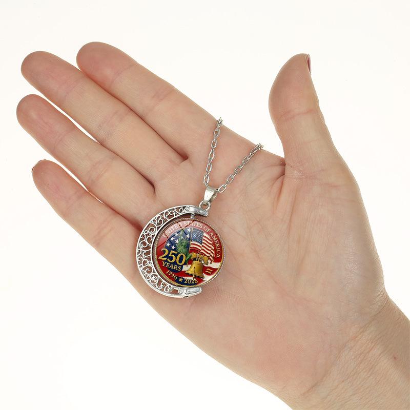 1Pc USA 250th Anniversary Double Sided Rotating Moon Alloy Necklace, Liberty Bell Flag