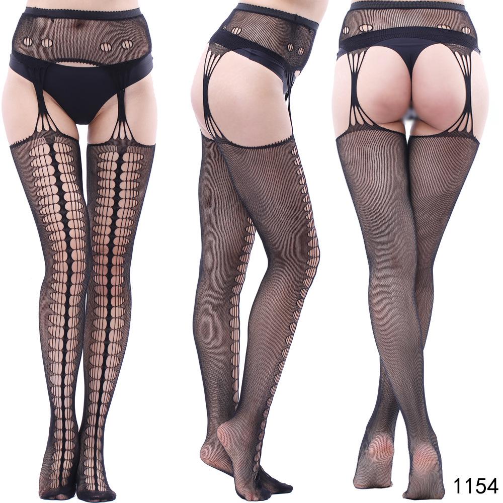 Sexy Elastic Fishnet Stockings with Garter Belt - Women's Open Crotch Fine Mesh Anti-Slip