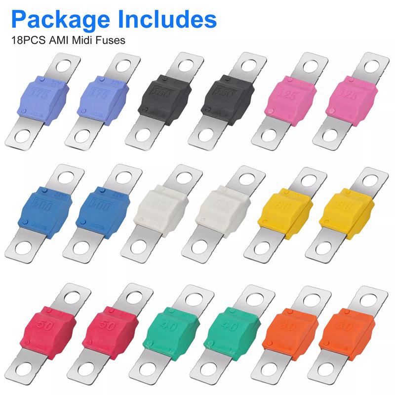 18 шт. предохранителей Swe Mta Stud для автомобиля, мини-автомобильный стереофонический аудиопредохранитель Afs 32 В 20 А 30 А 40 А 50 А 60 А 70 А 80 А 100 А 125 А 150 А 175 А