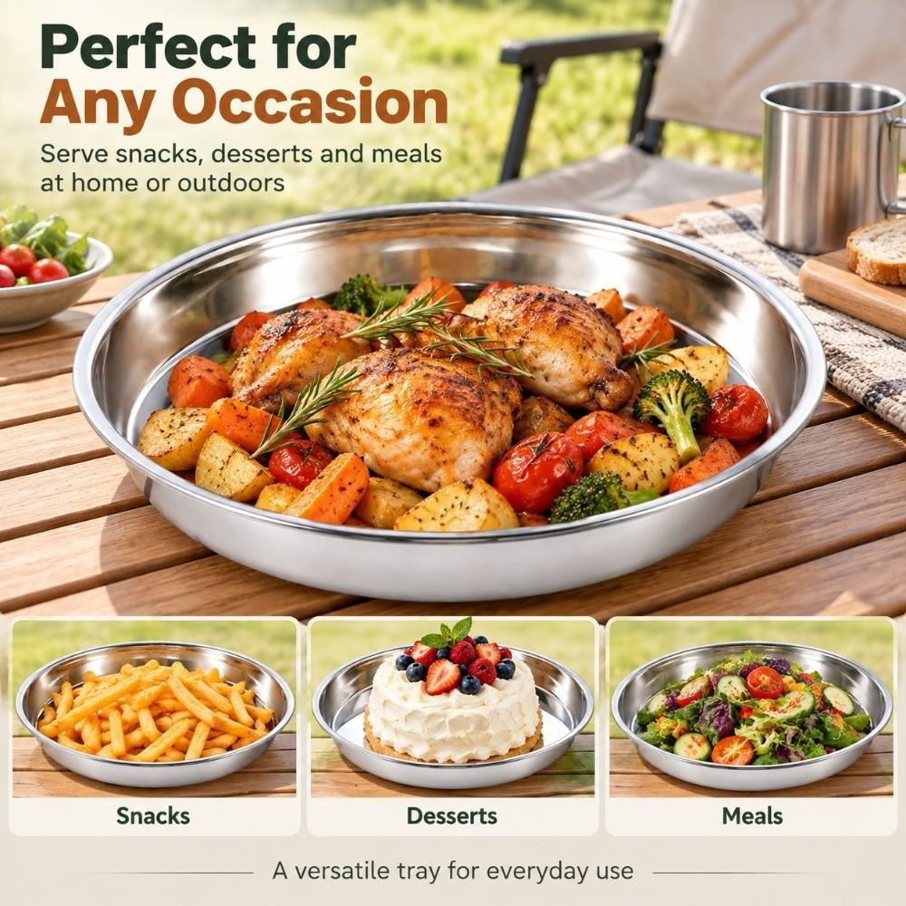 Rustproof Stainless Steel Pizza Pan Flat Stainless Steel Dining Dish Chicken Vegetable Plate BBQ