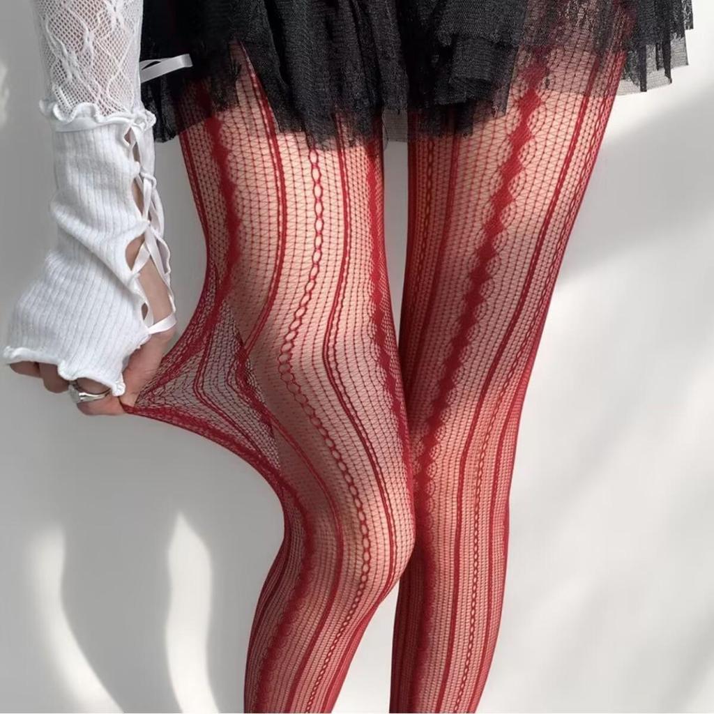 Diamond Pattern Lace Fishnet Stockings - Retro Hollow Design with Vertical Stripe Jacquard