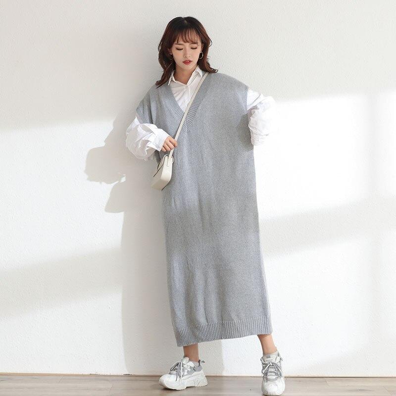 DIMANAF Женское платье-свитер Зима Осень Большой размер Новый вязаный жилет без рукавов с V-образным вырезом Женский базовый однотонный свободный пуловер