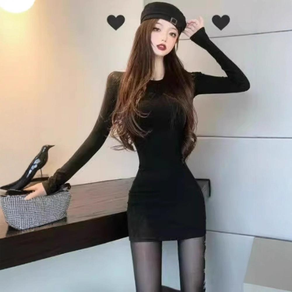Early autumn new slim-fitting and thin hip-wrapping sexy long-sleeved dress women's solid color tight temperament bottoming short skirt