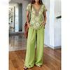 Bohemian peacock feather print set: women's vintage V-neck top + wide-leg pants, vacation-style loose two-piece set