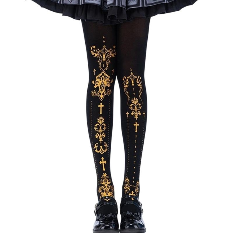 Women's Japanese Gothic Grunge Pantyhose Stockings Harajuku Aesthetic Crosses Print Opaque Tights Leggings Hosiery