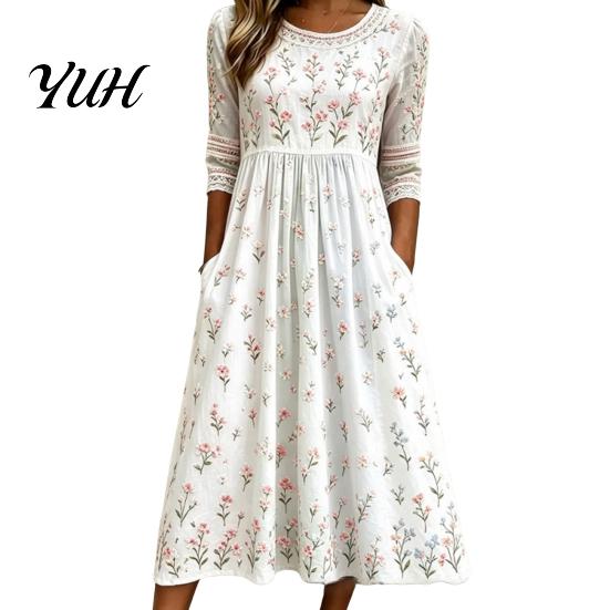 Trendy Autumn Floral Midi Dresses Long Sleeve Dress, Women Cottagecore Waist Cinching Body Shaping Slim Fit Dress for Vacation Street Party