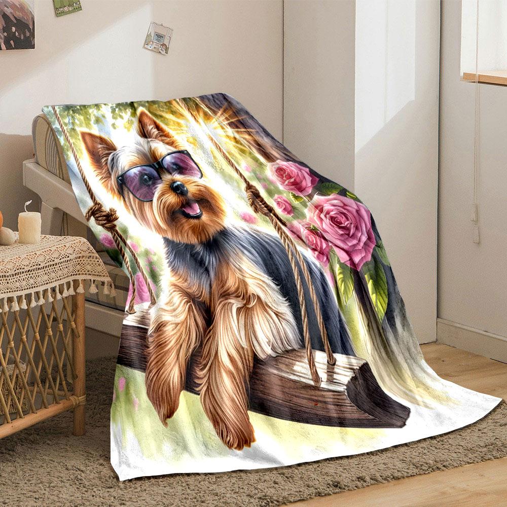 Yorkie on Swing with Sunglasses print blanket soft and cozy perfect for the living room bed sofa or a nap,gift