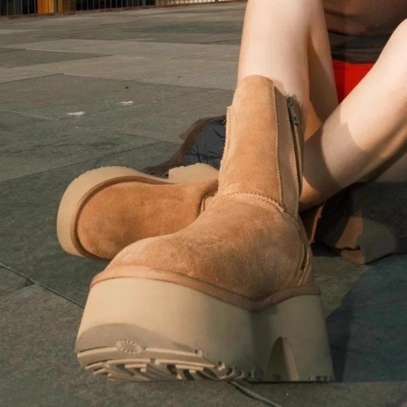 Модные женские зимние сапоги 2024 года, продажа новых сапог из искусственной замши с толстой подошвой и высоким каблуком, зимние плюшевые теплые женские сапоги до середины икры