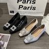 Coarse Heel French Rhinestone Square Head Shallow Mouth Single Shoes Women's Summer 2025 New French Temperament High Heels Dinner Shoes