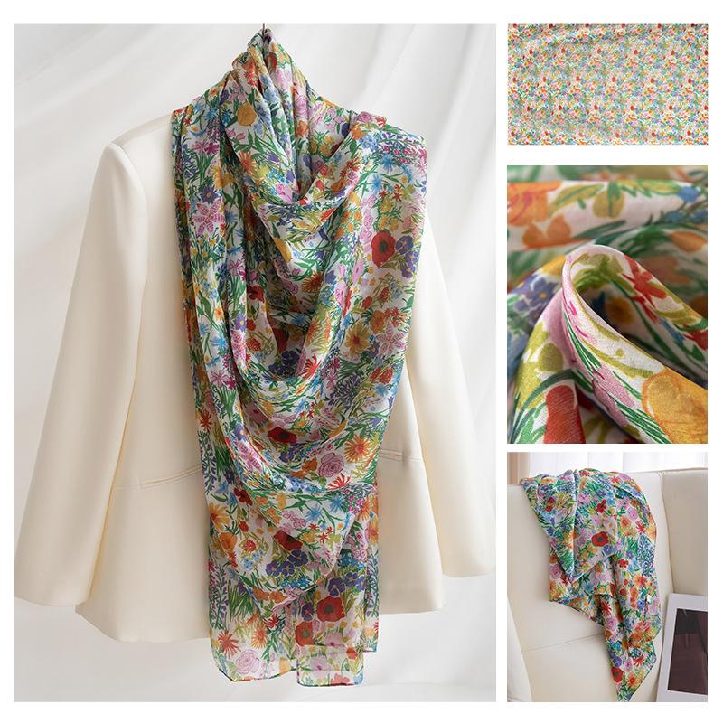 Длинные полосы шелкового шарфа  Высококлассный шарф из тутового шелка  Женский свежий маленький цветочный тонкий стиль  Атмосфера  Большая шаль