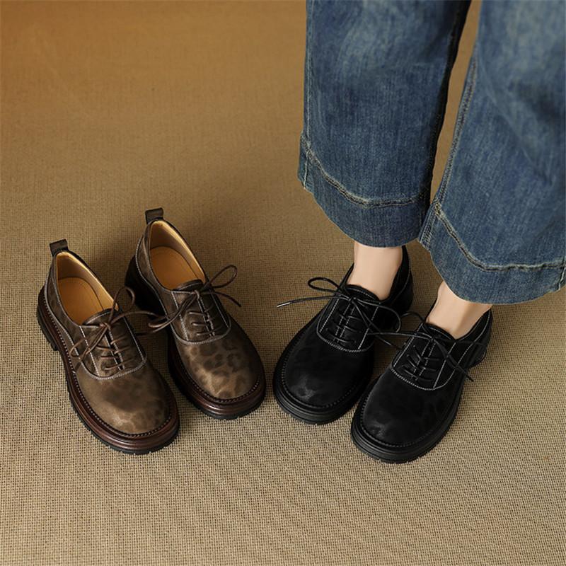 Модная новая весенняя обувь из натуральной кожи для женщин, модный леопардовый принт, круглый носок, женские туфли-лодочки, массивный каблук, лоферы, обувь на платформе