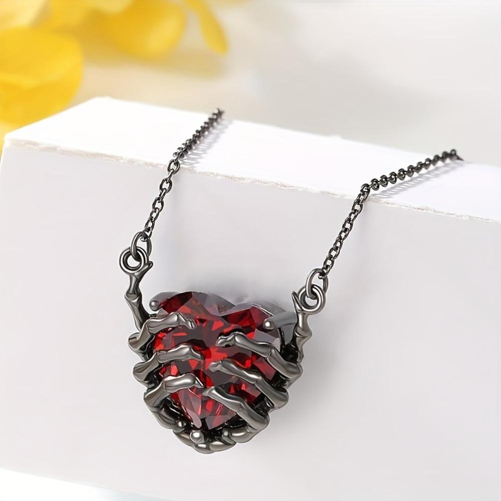 Готическое красное синтетическое циркониевое ожерелье в форме сердца с дизайном зомби-когтя, Фанковый стиль, Покрытый сплав цинка, Унисекс кулон