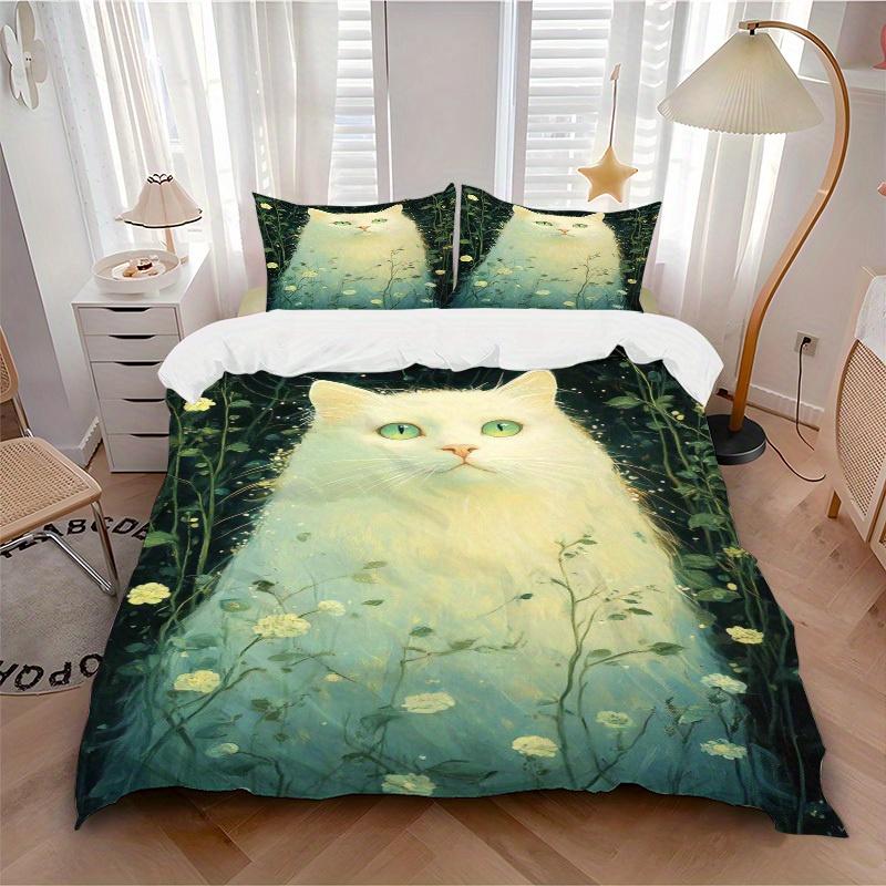 3pcs Cat Flowers Bedding Set Down Comforter Cover and Pillowcases, Suitable for Guest Room Home Decoration All Seasons(No Insert) S0819044