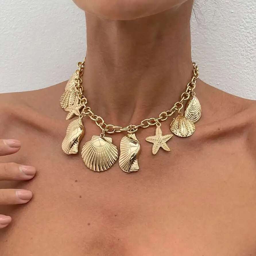 SHIXIN Boho Metal Starfish Scallop Conch Pendant Necklace For Women Ocean Style Choker Summer Beach Party Jewelry Collar on Neck