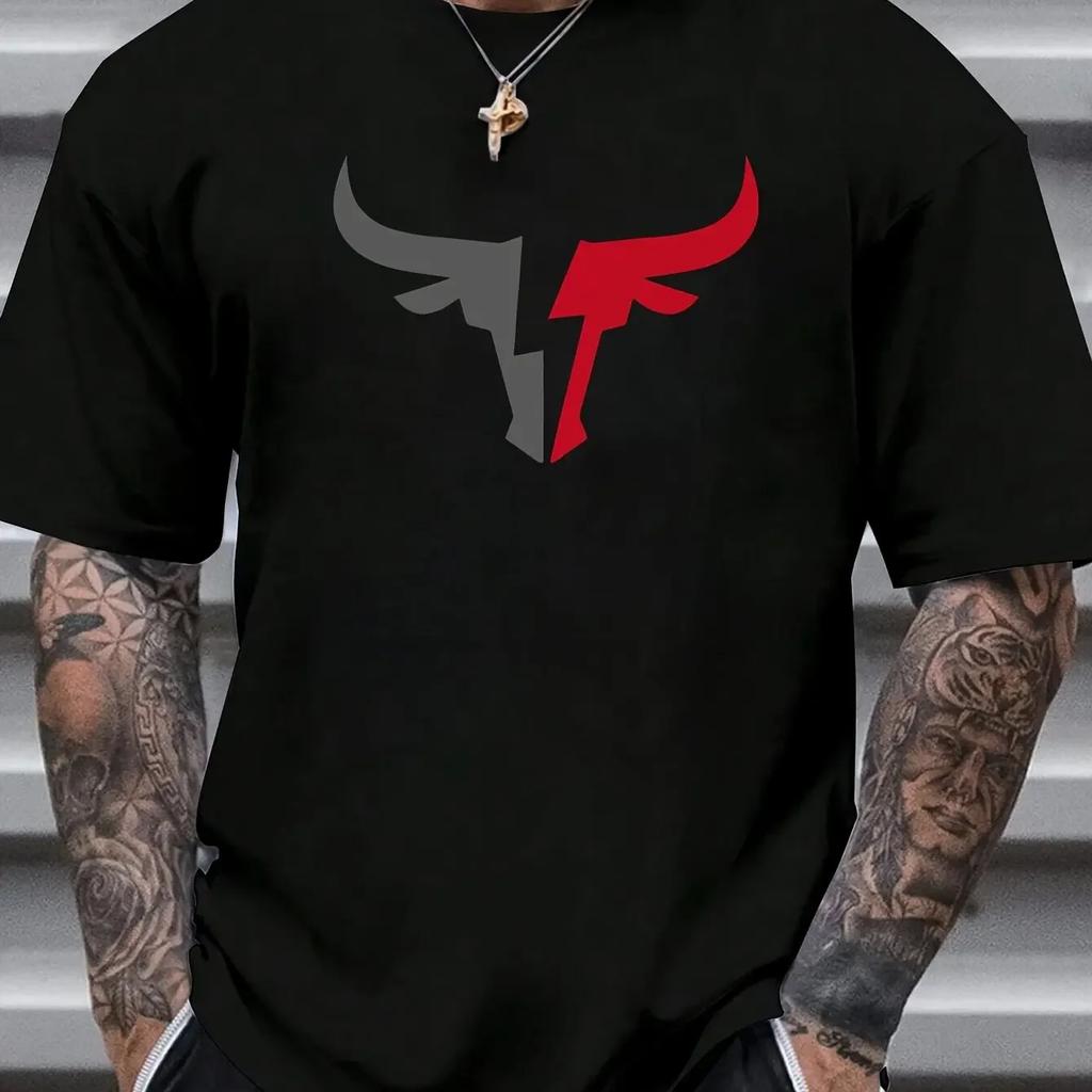 Летняя мужская футболка из 100% хлопка, удобная, повседневная, свободного кроя, плюс принт с рисунком быка, спортивный топ с круглым вырезом и короткими рукавами#Цвет