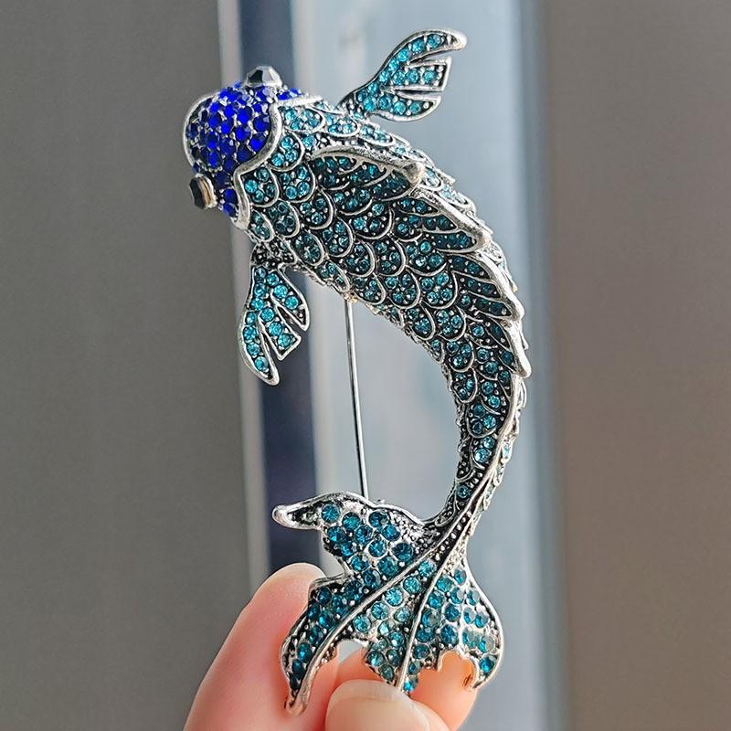 Trendy Red Koi Fish Rhinestone Brooches For Women Unisex Vintage 3-Color Carp Fish Animal Brooch Pin Coat Suit New Year Gifts