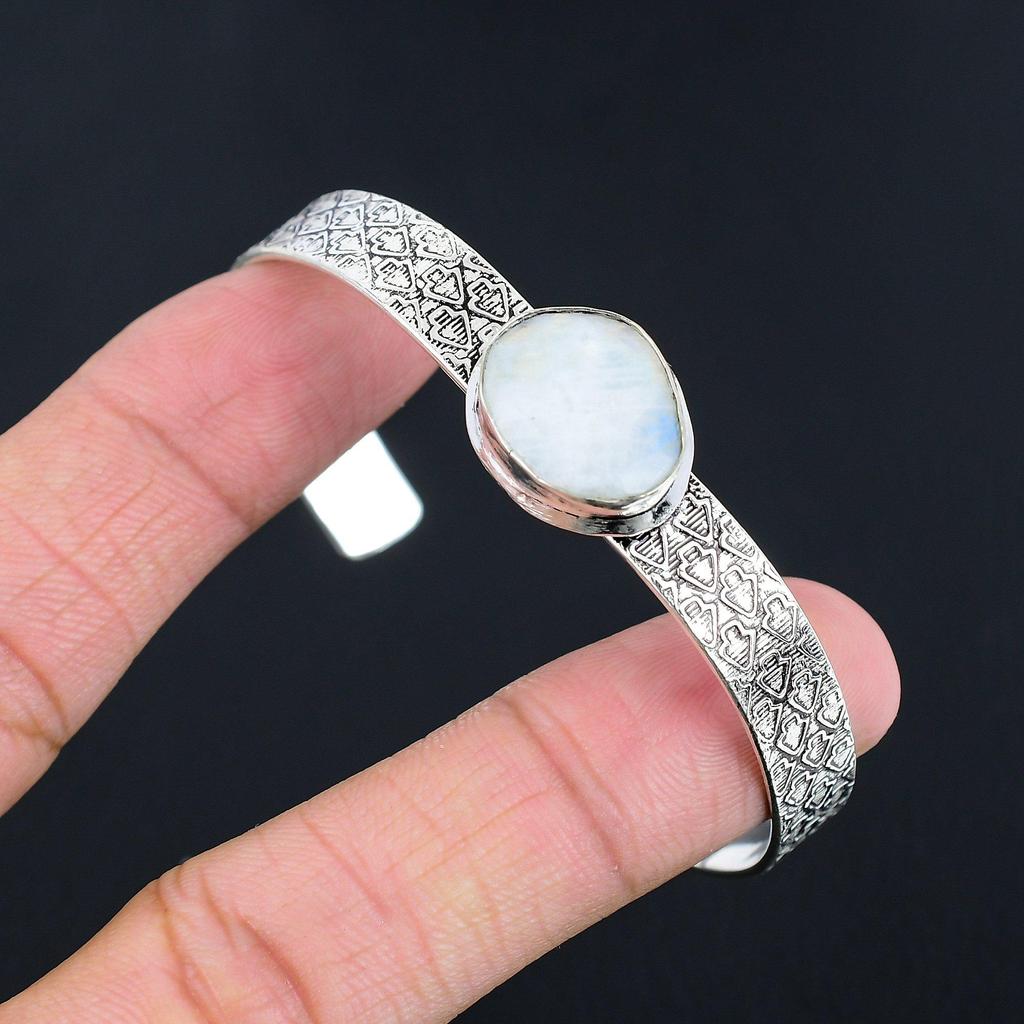 Gift For Her 925 Silver Natural Rainbow Moonstone Gemstone Bangle Adjustable