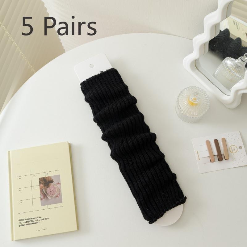 5 Pairs of Women's Spring and Autumn Thick Thread Solid Color Medium Long Tube Pile Socks and Sock Covers