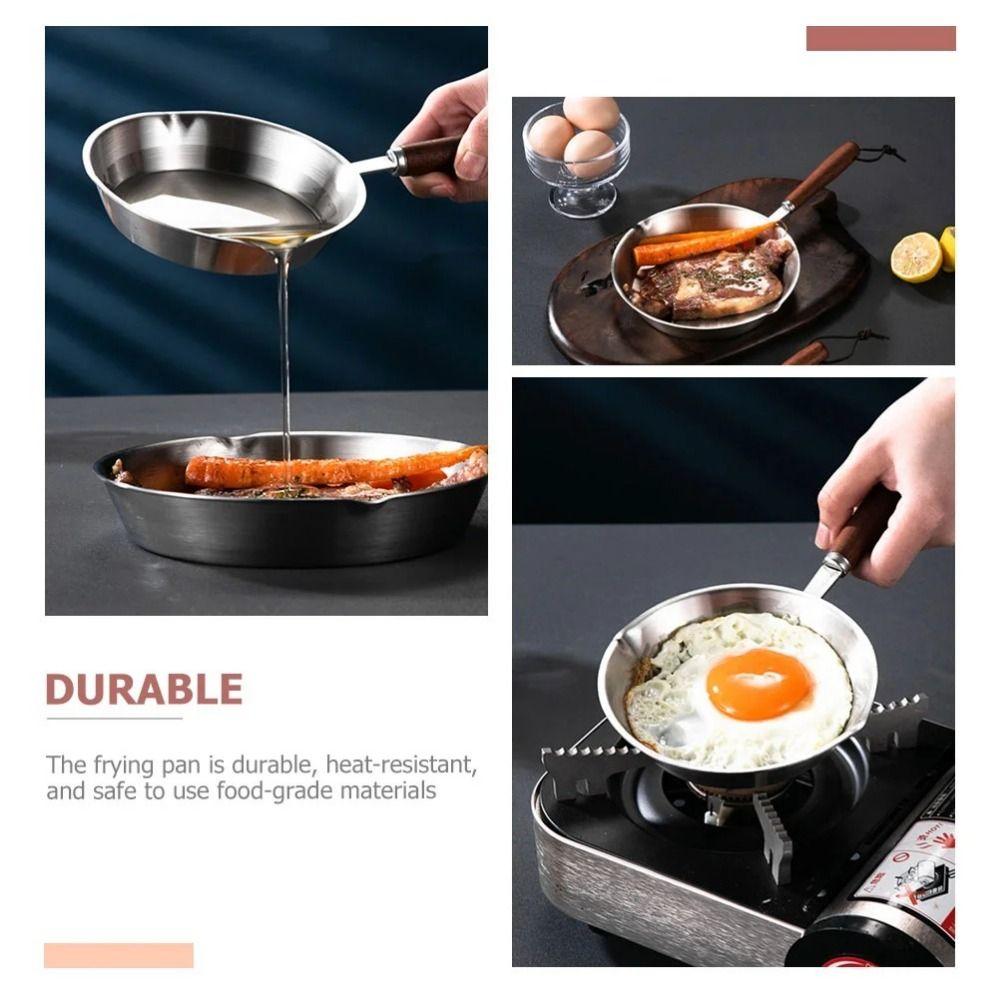 Wooden Handle Omelette Pan Flat Bottom Open Skillet 304 Stainless Steel Frying Pan Kitchen