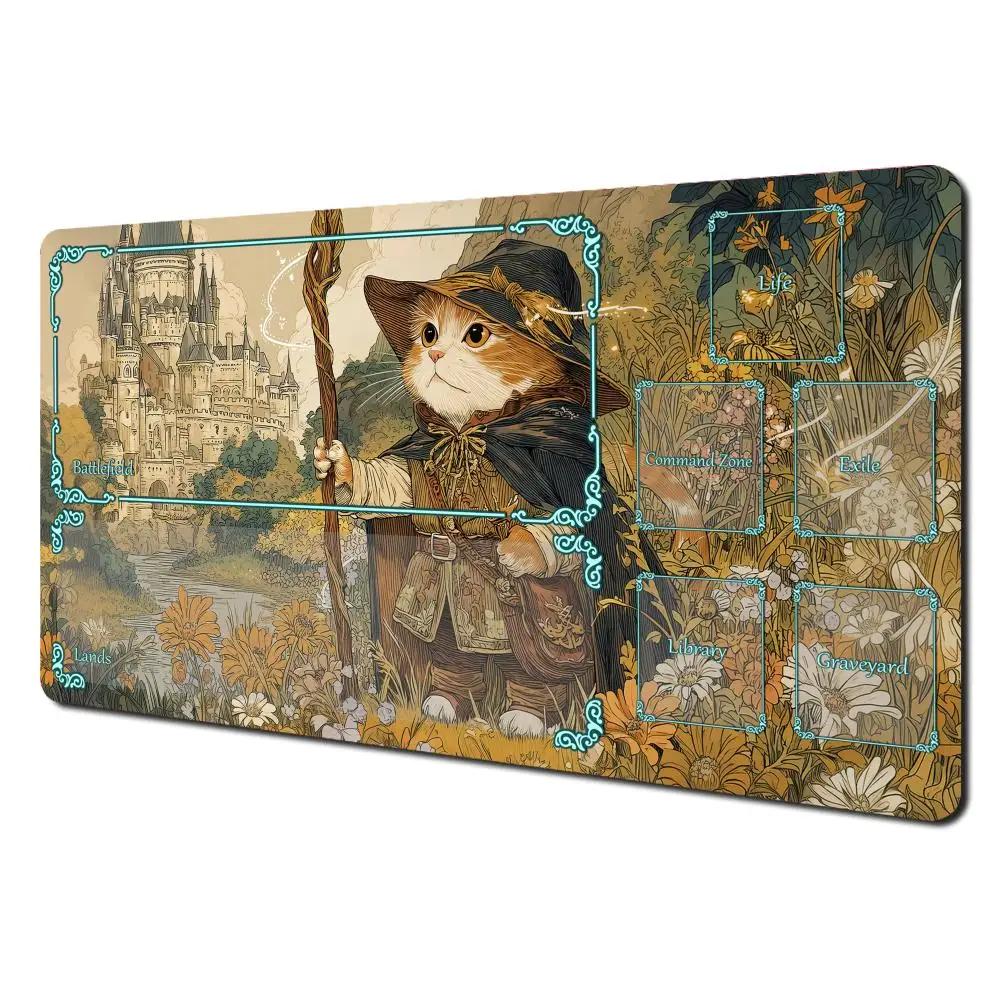 Cute Fantasy Mage Cat Mouse Pad Waterproof Nonslip Retro Medieval Castle Art Mousepad Computer Gaming Mousepad