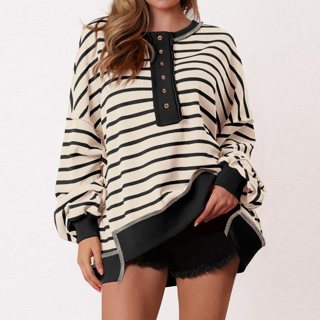 Women's Fashion Striped Round Neck Long Sleeve Button Top Color Blocked Pullover Sweatshirt Top