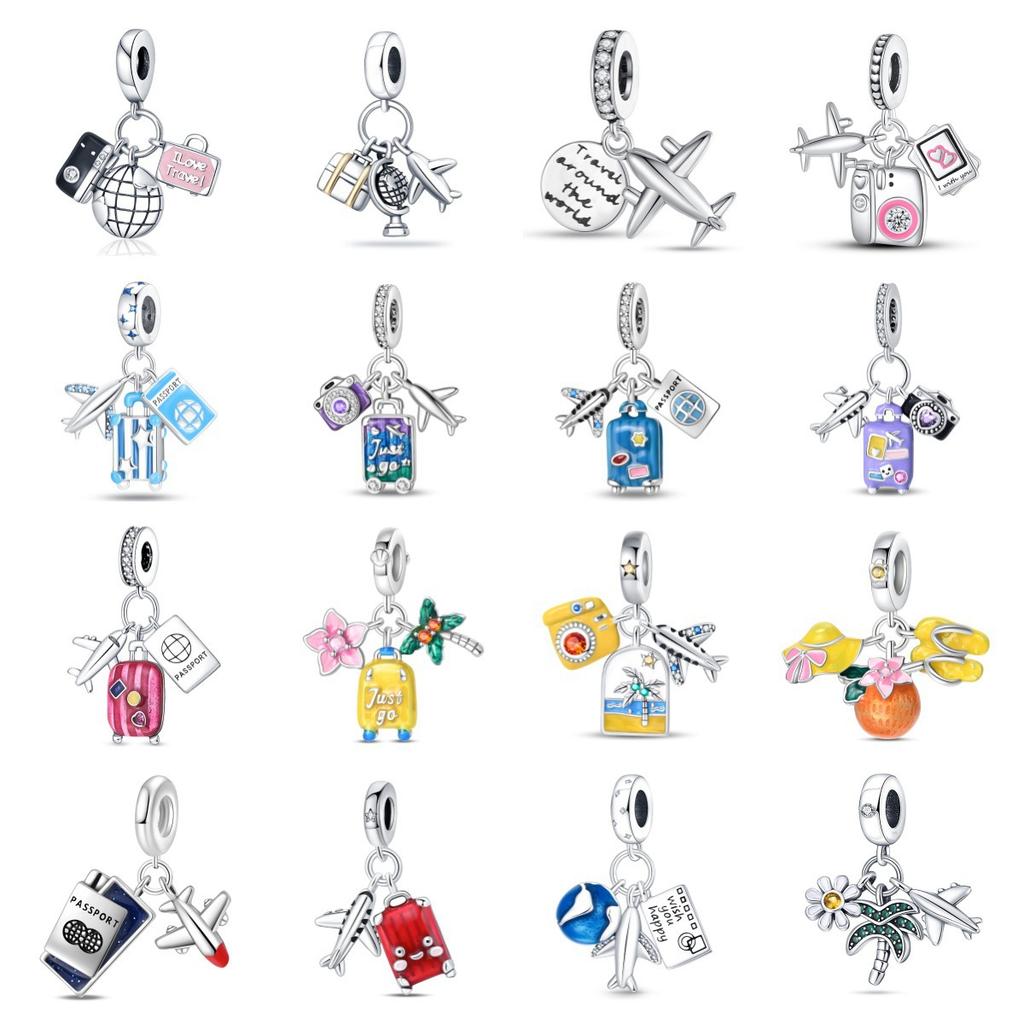 S925 Silver Travel Theme Airplane Luggage Camera Charm Bead DIY Jewelry Bracelet Accessory Set