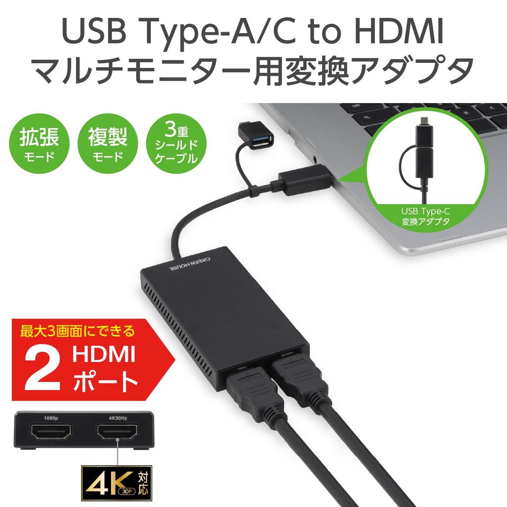 Green House USB To HDMI Adapter Type-A/C Multi-Monitor (GH-TCHDD-BK)
