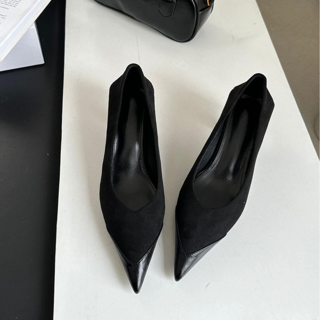 Retro Pointed Single Shoes Women's Outer Wear High-end Suede Korean Version High Heels Women's Thin Heels French Splicing Soft Leather Women's Shoes