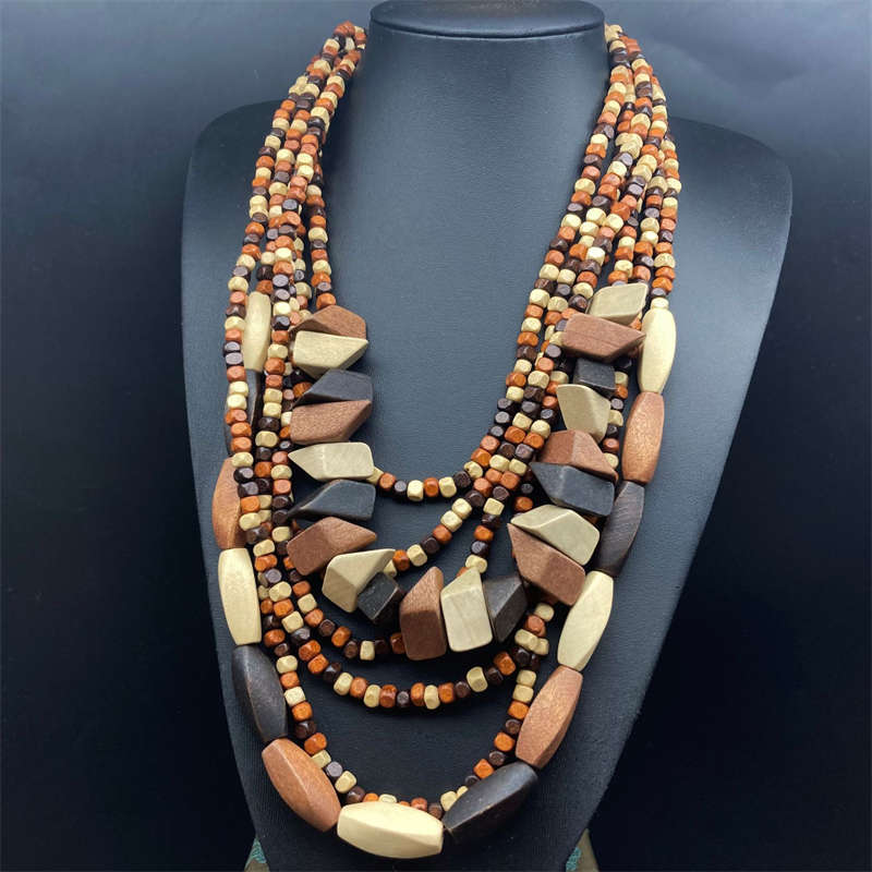Long Necklace Retro Ethnic Style Multi-Layer Geometry Beach Pastoral Style Wood Colorfull