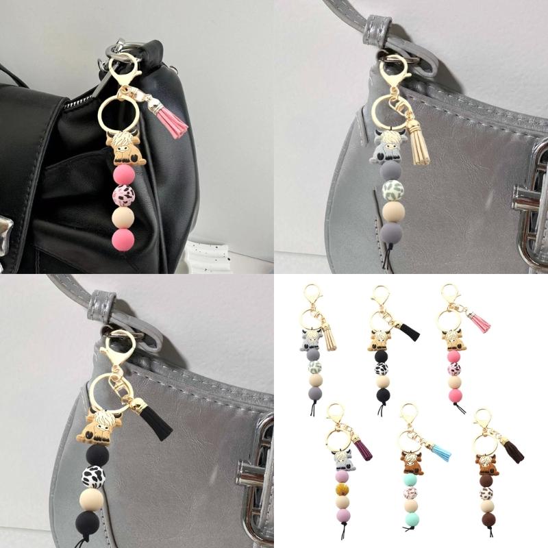 Брелок с шотландской высокогорной коровой с кисточками и силиконовыми бусинами. Животное. Модный держатель для ключей, подвеска для женщин и мужчин.