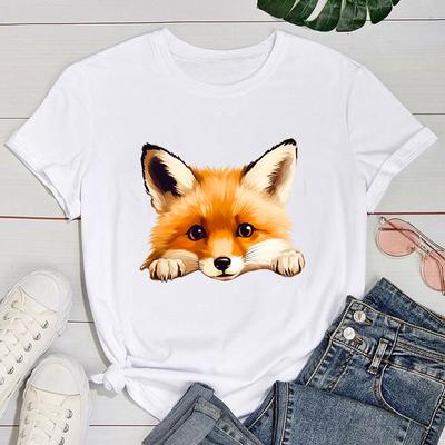 Premium T-shirt Fox Print Casual Short Sleeve Women Shirt Tee