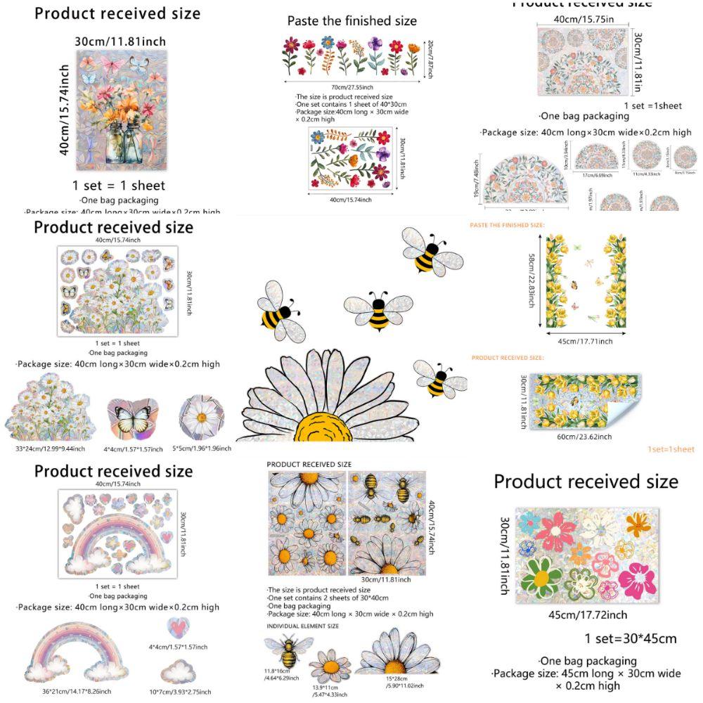 Colorful Sun Catcher Window Stickers Rainbow Prisms Flower Butterfly Bee Floral Decals Waterproof Sunlight Cloud
