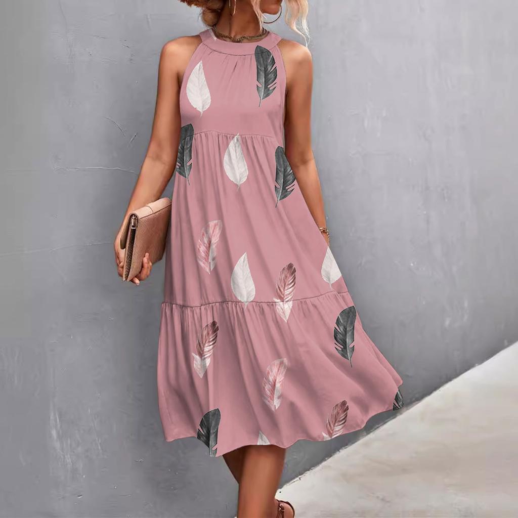 Women's Summer Sleeveless Solid Color Printed Loose Splicing Casual Hanging Neck Beach Dresses