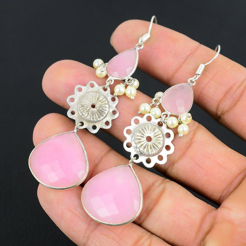 Halloween Sale Pink Chalcedony Gemstone Drop Dangle Earrings Jewelry 925 Silver