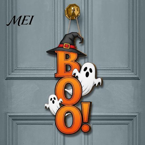 Decorative Hanging Sign Halloween Boo Ghost Sign, Wooden Door Hanger Cute Retro Decor Witch Hat for Front Wall Festival Celebration