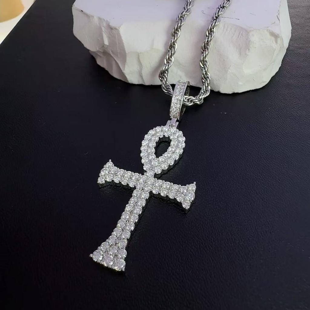 Egyptian Ankh Cross Pendant Necklace Iced Out Moissanite Hip Hop Copper Jewelry For Men Women