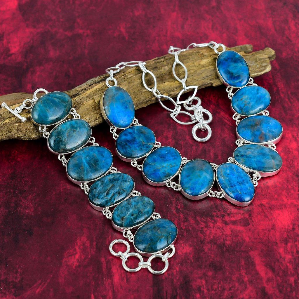 Неоново-синий апатит, стерлинговое серебро 925 пробы, ювелирные изделия, браслет и ожерелье, комплект ювелирных изделий для нее, элегантный комплект ювелирных изделий ручной работы из драгоценных камней для подарка на день рождения