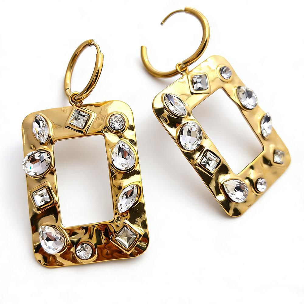 Geometric square diamond inlaid 304 stainless steel earrings, versatile, 18K gold, electroplated, non fading, exaggerated earrings