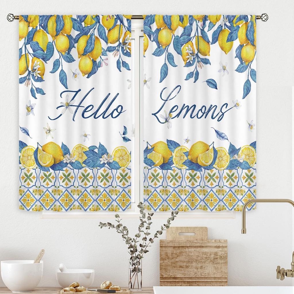 Rustic Lemon Kitchen Curta, Farmhouse Yellow Fruit Drapes With Blue Leaves, Rod Pocket Retro Summer Window Panels
