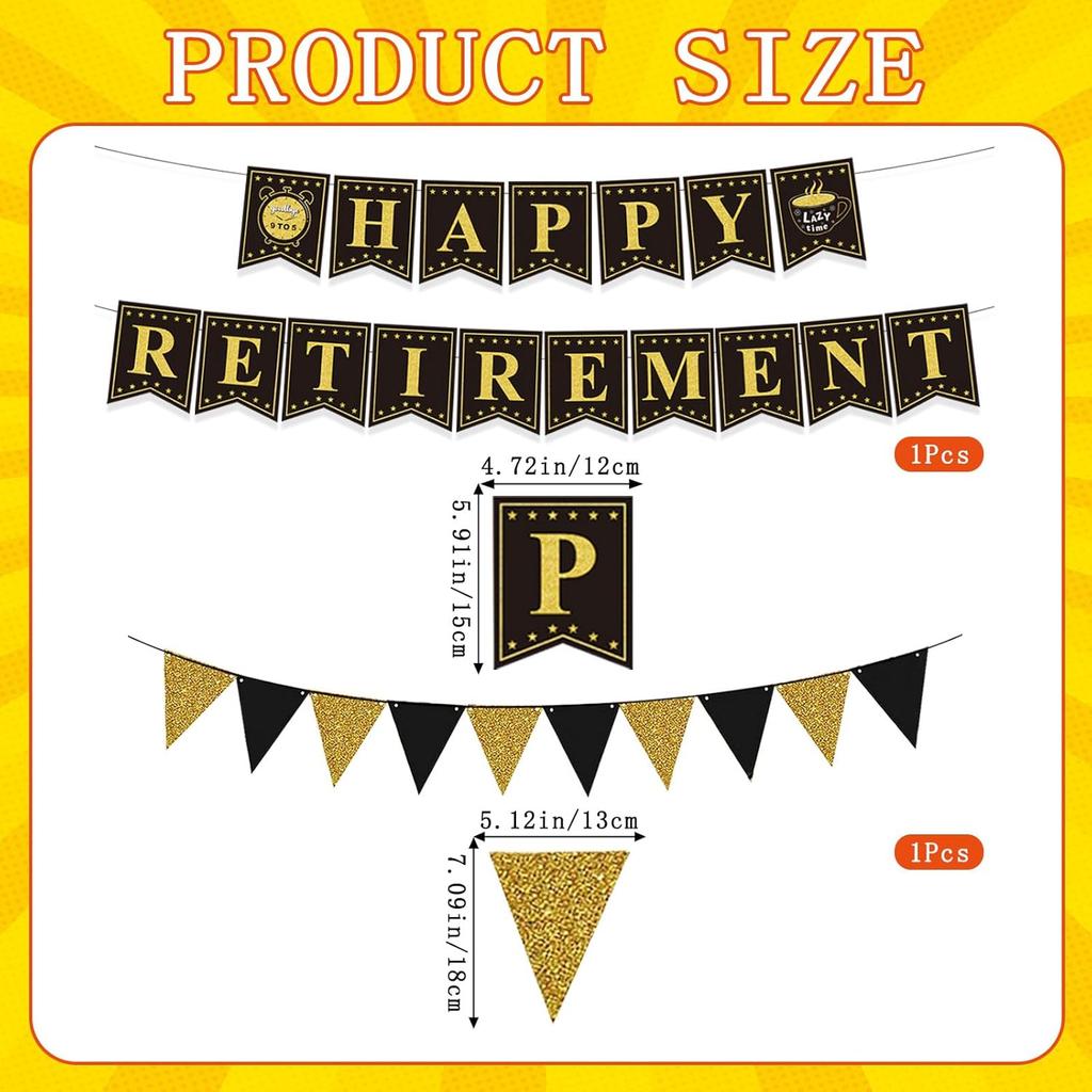 Retirement Party Decorations Black and Gold Happy Retirement Banner Gold Glitter Pennant Flag Banner Star Hanging Swirls and Sash Retired Party